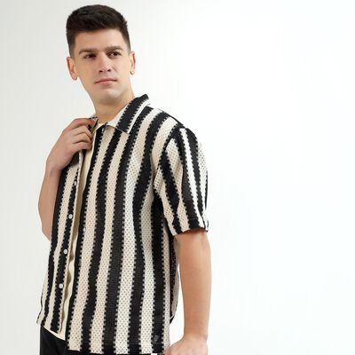 Men's Black and White Half Sleeve Classic Casual Shirt