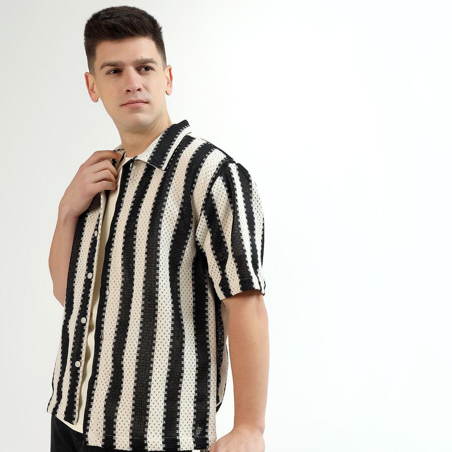Men's Black and White Half Sleeve Classic Casual Shirt, Black, large