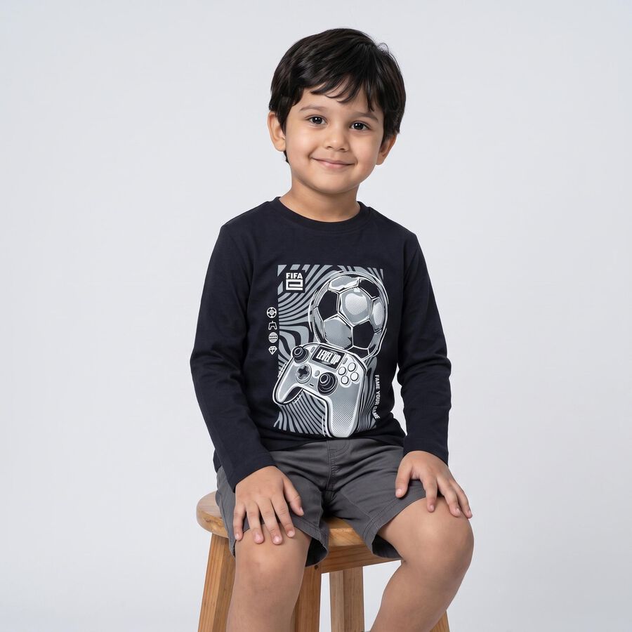 Boys Navy Blue Cotton Blend Crew Neck Regular T-Shirt, Navy Blue, large