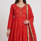 Women's Red Cotton Round Neck Embroidered Anarkali Kurta, Red, small