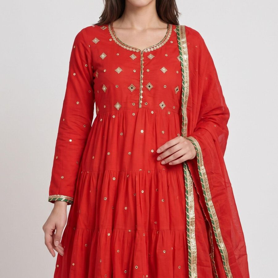 Women's Red Cotton Round Neck Embroidered Anarkali Kurta, Red, large