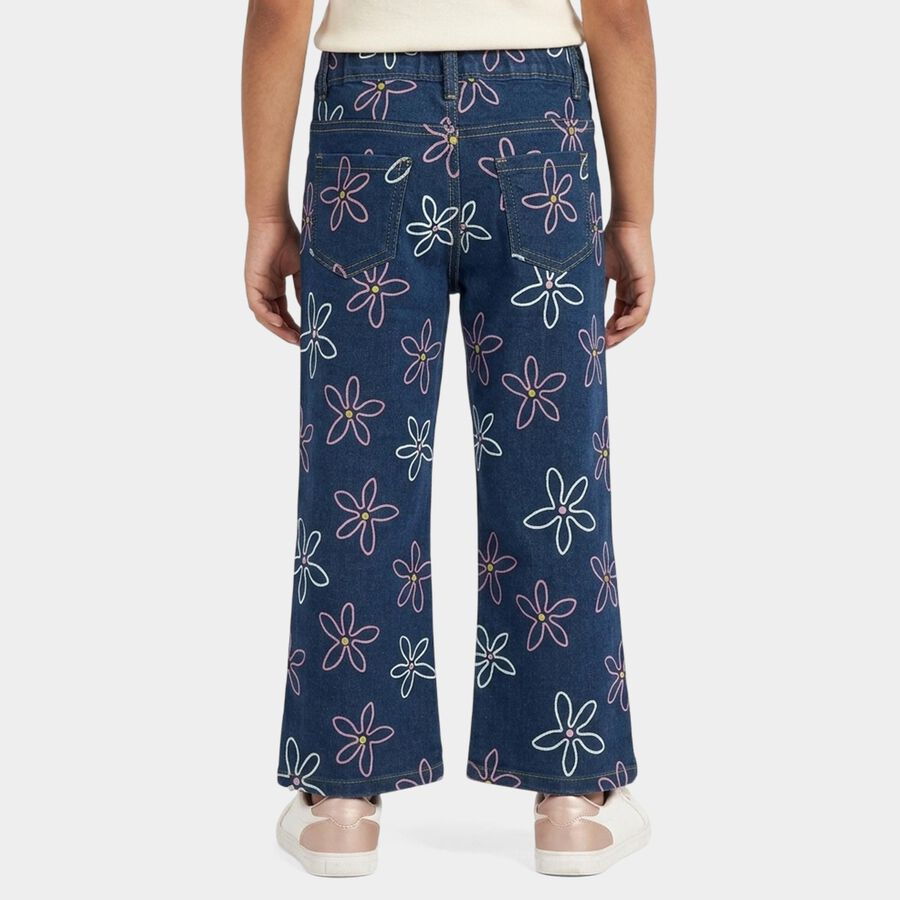 Girls' Navy Blue Straight Fit Floral Printed Jeans, मध्यम नीला, large
