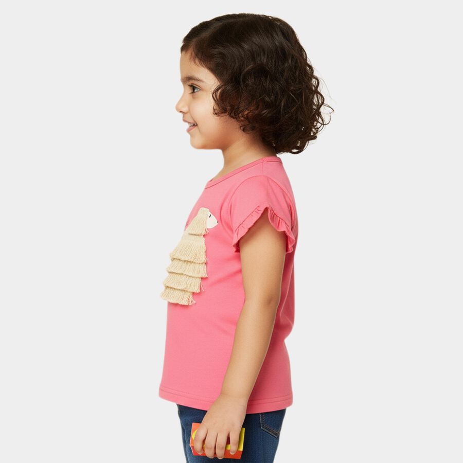 Girls' Pink Cotton Round Neck Romantic T-Shirt, Pink, large