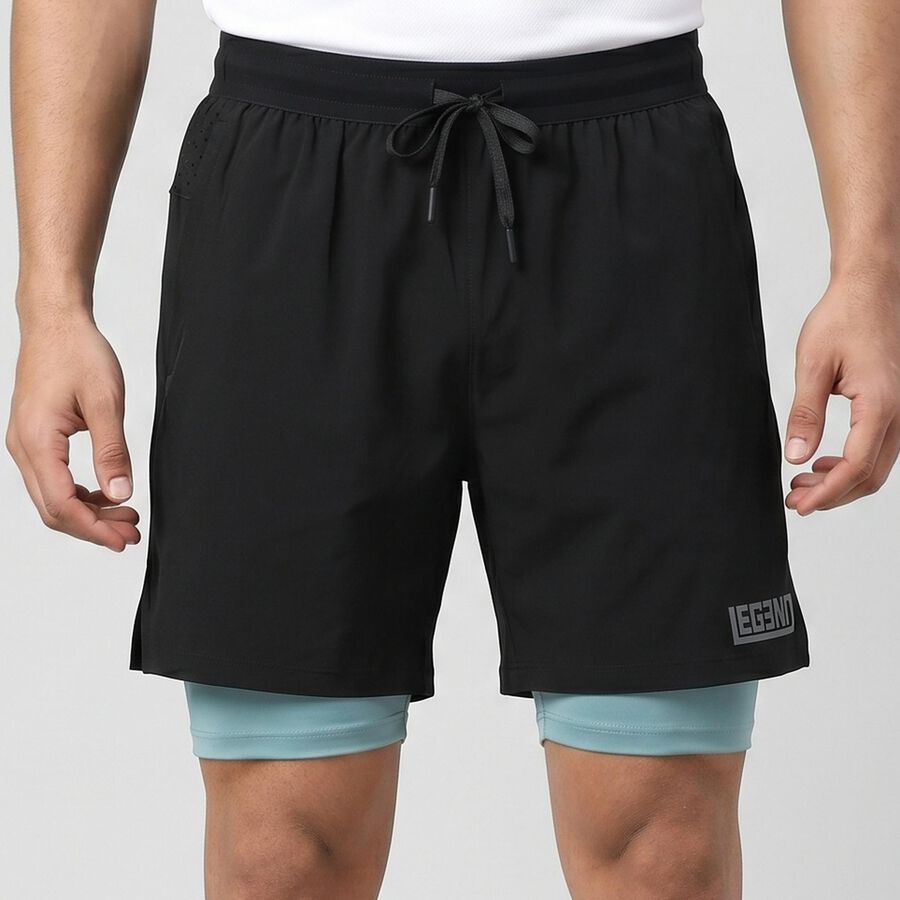 Men's Black Regular Fit 2-in-1 Sports Shorts, Black, large