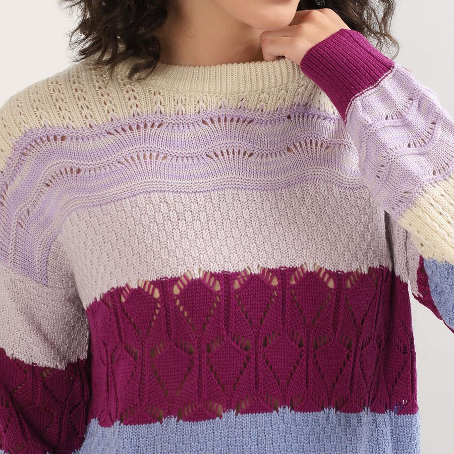 Women's Multicolor Crew Neck Knit Pullover, Lilac, large image number null