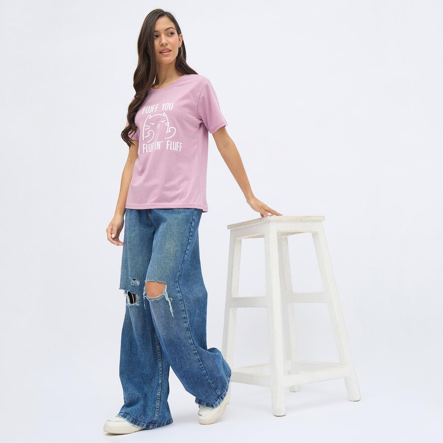 Women's Dusty Pink Round Neck Casual T-Shirt, गुलाबी, large
