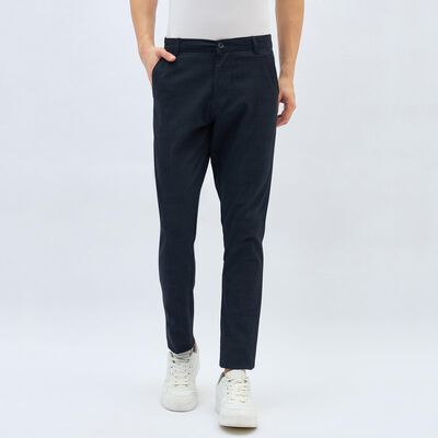 Men's Navy Blue Slim Fit Checkered Casual Trousers