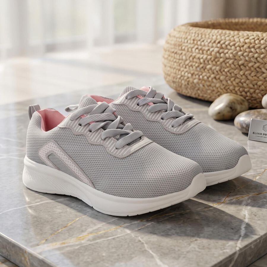Women's Grey Lace-Up Sneakers, ग्रे, large