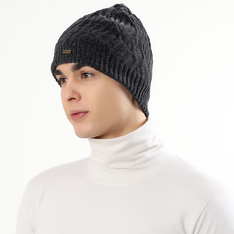 Men's Charcoal Grey Textured Beanie Cap, Charcoal, large image number null