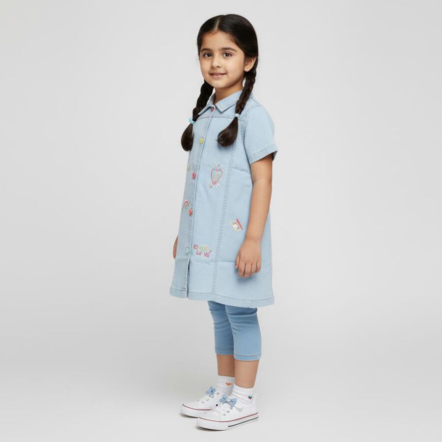 Girls' Light Sky Blue Embroidered Short Sleeve Denim Frock, Light Blue, large image number null