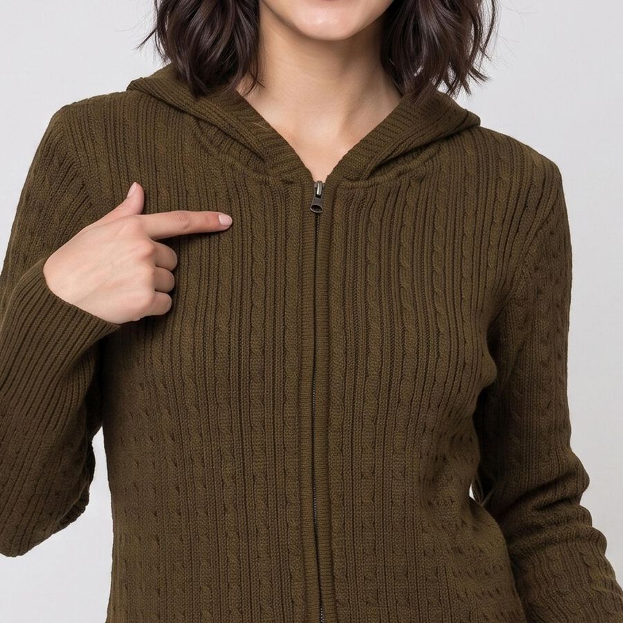 Women's Olive Green Hooded Zip-Up Cardigan, Olive, large