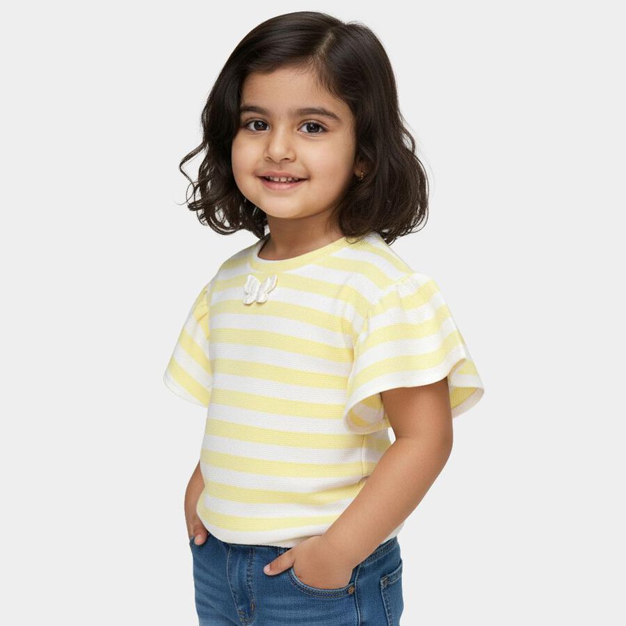 Girls Yellow Round Neck Ruffled Striped T-Shirt, Yellow, large