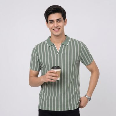 Men's Green Polo Neck Striped T-Shirt