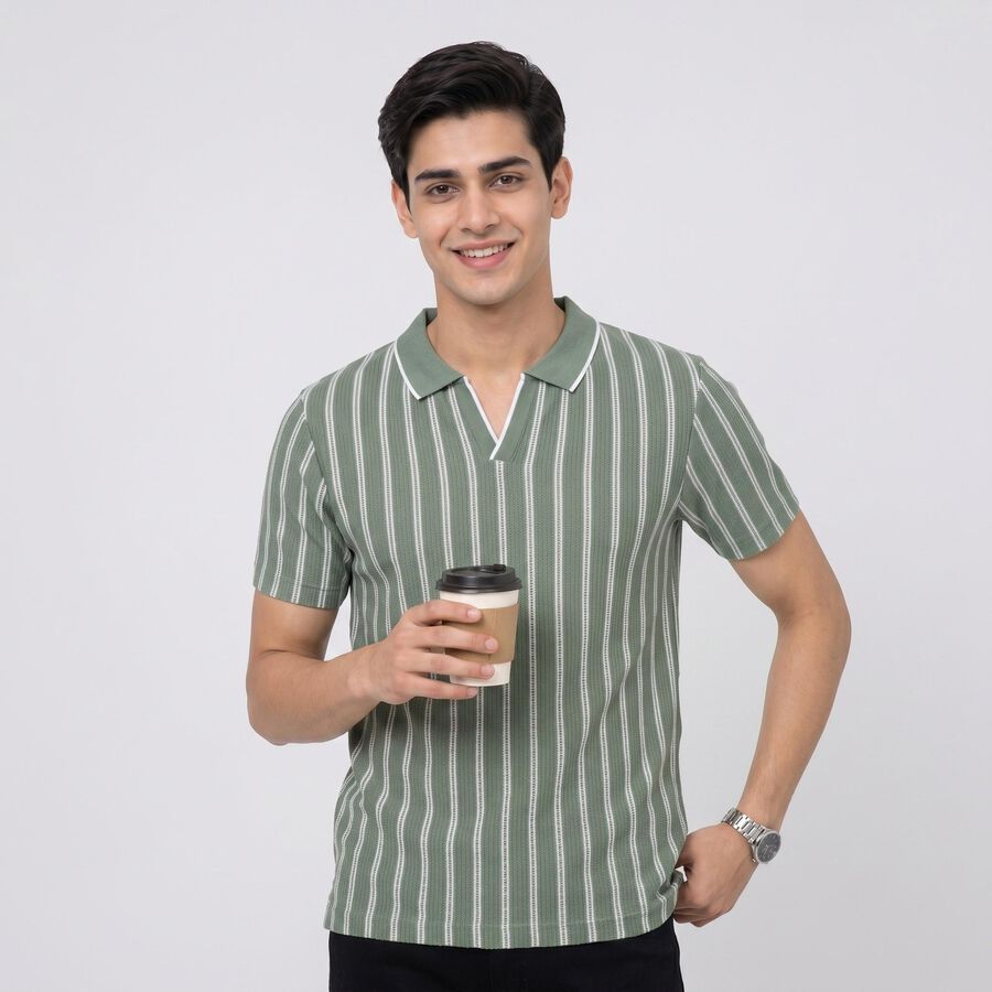 Men's Green Polo Neck Striped T-Shirt, Light Green, large