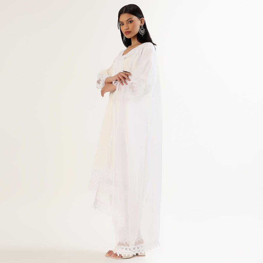 Women's White Cotton Embroidered Ethnic Set, Off White, large