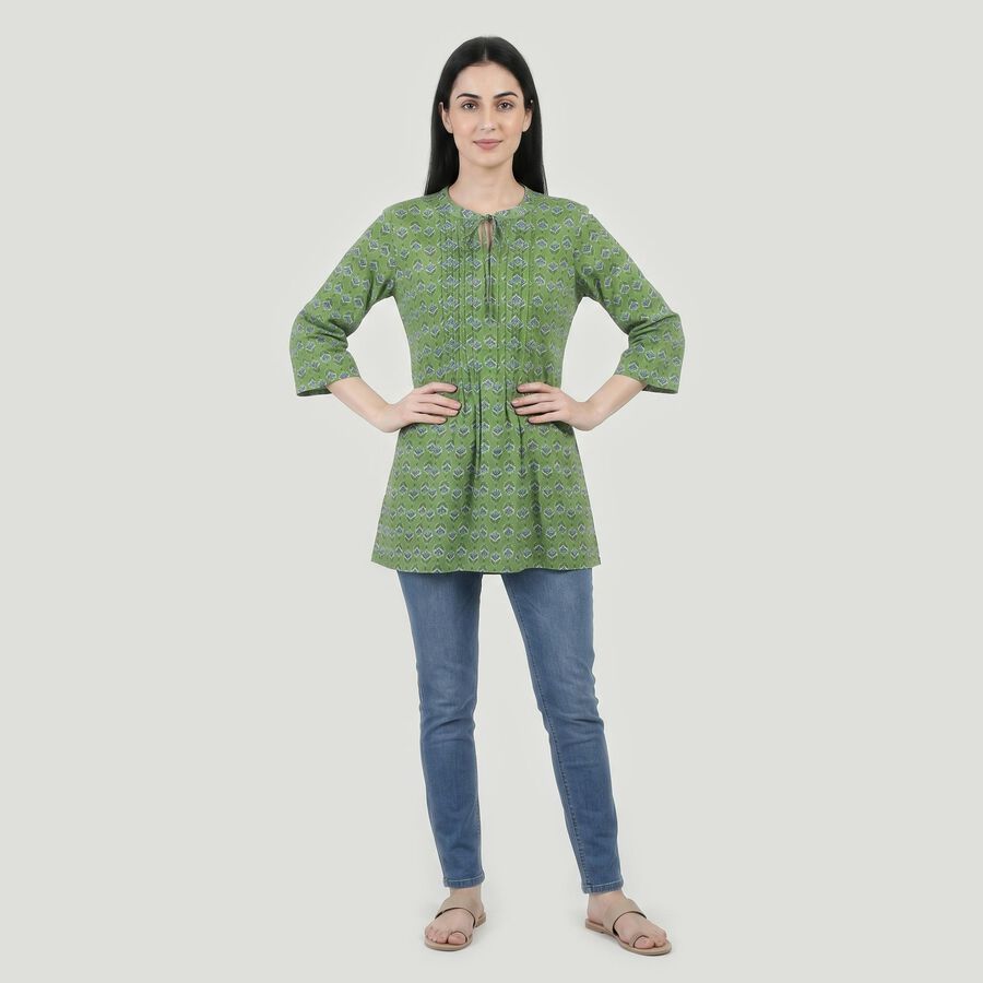 Women's Green Round Neck Printed A-Line Kurti, Light Green, large