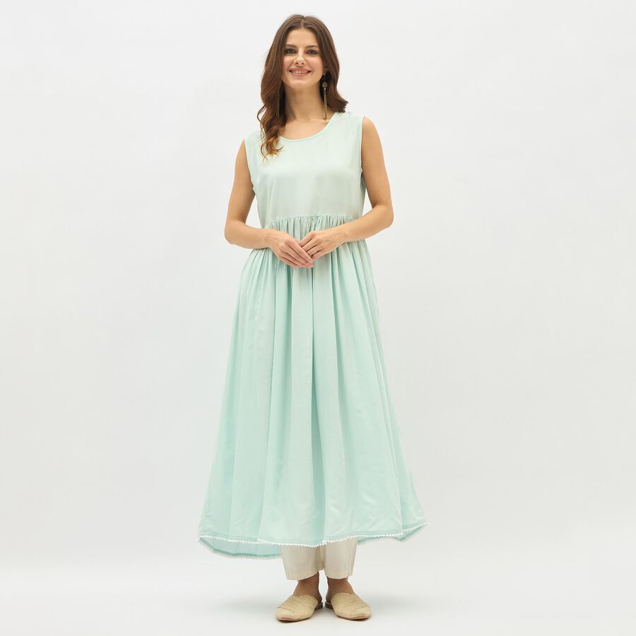 Women's Light Mint Green Round Neck Embroidered Layered Kurta, Aqua, large image number null