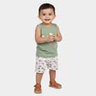 Infants Green Cotton Round Neck Printed Top and Shorts Set, Light Green, small
