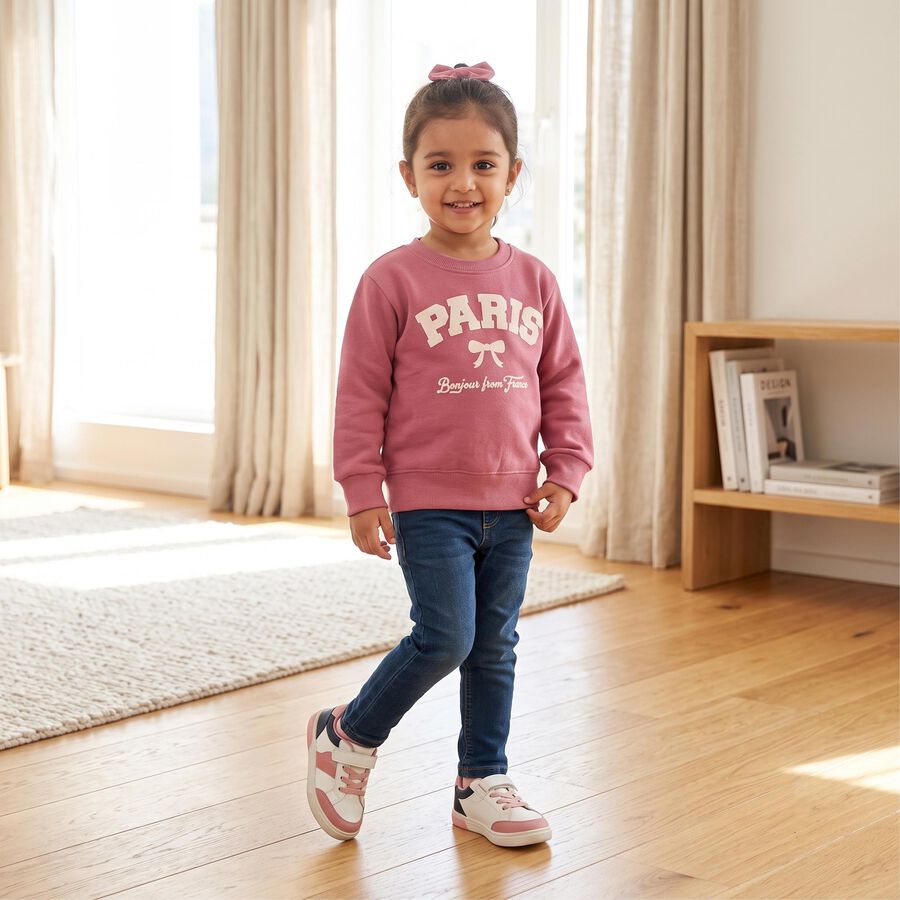 Girls Pink Crew Neck Pullover Sweatshirt, गुलाबी, large