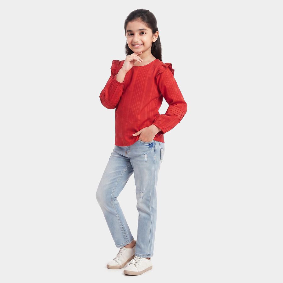 Girls' Red Round Neck Regular Top, लाल, large