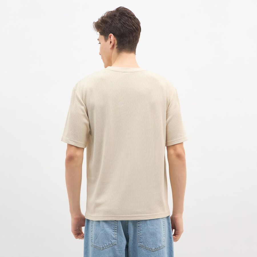 Men's Light Beige Round Neck Casual T-Shirt, Beige, large