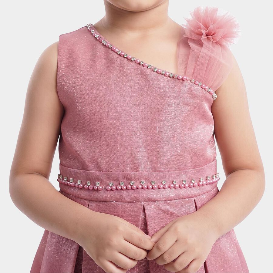 Girls' Pink One Shoulder Embellished Fit and Flare Frock, गुलाबी, large