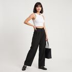 Women's Black Wide Leg Pleated Trousers, काला, small
