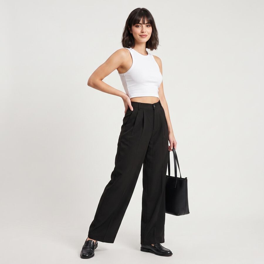 Women's Black Wide Leg Pleated Trousers, काला, large