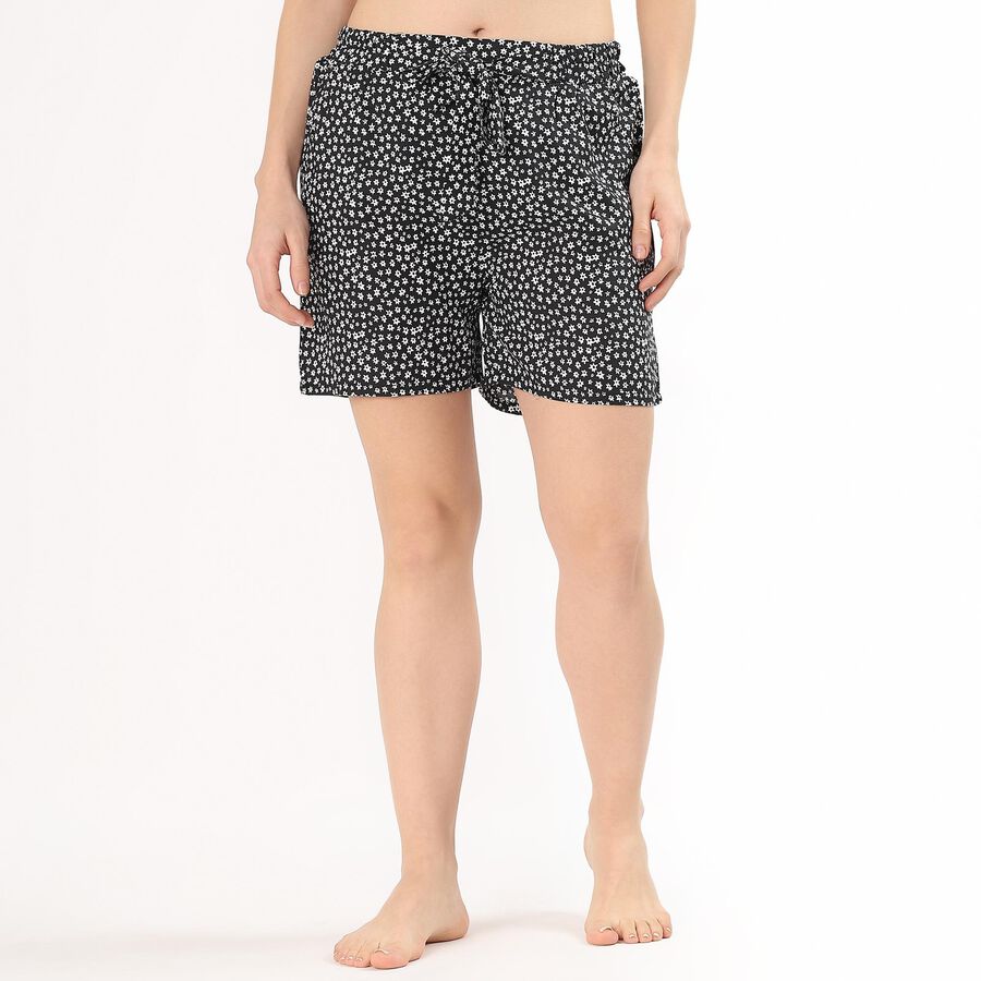Women's Black Floral Elastic Waist Shorts, काला, large