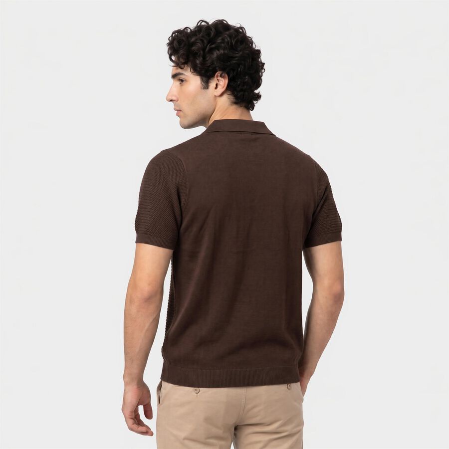 Men's Brown Cotton Polo Neck Solid T-Shirt, भूरा, large