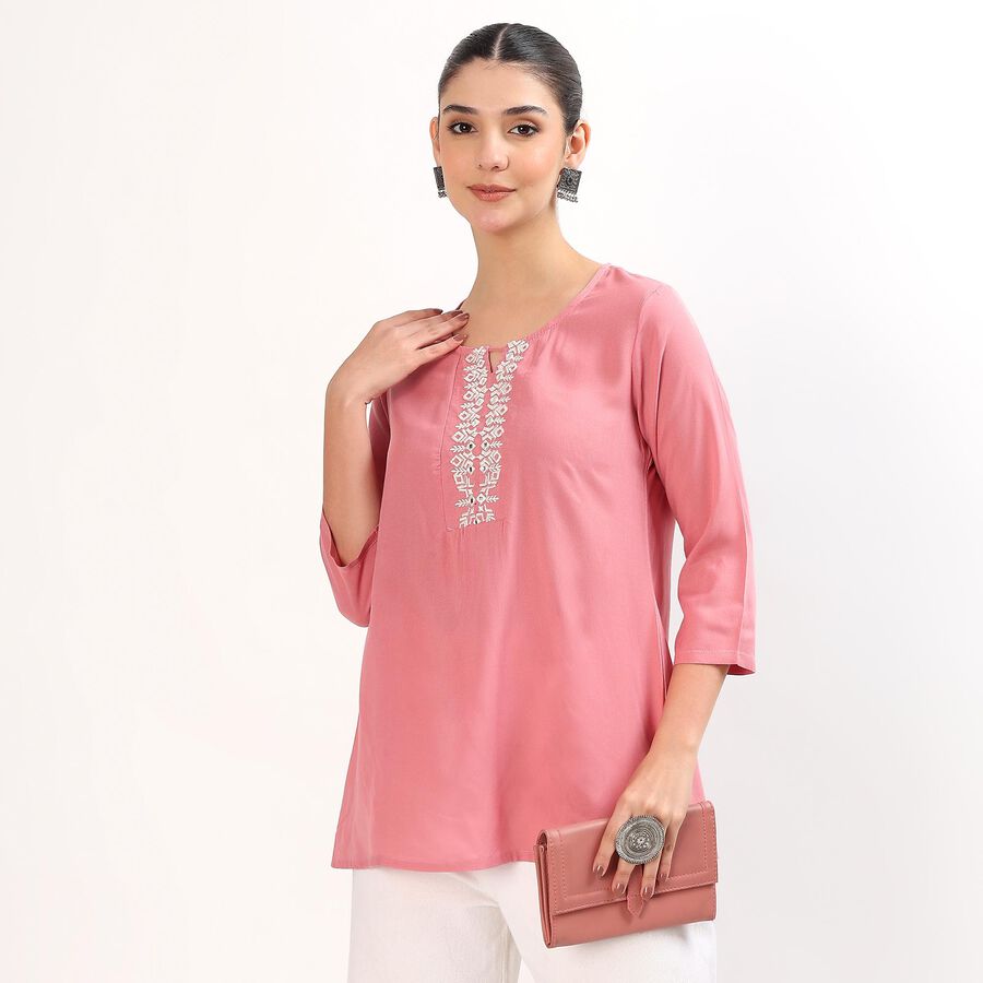 Women's Muted Dusty Pink Keyhole Neck Embroidered Kurti, Purple, large