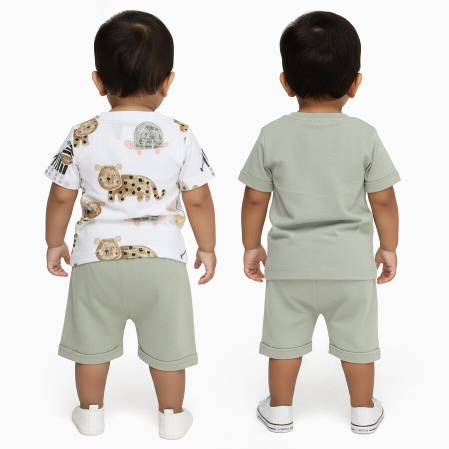 Infants' Light Green Cotton Round Neck Animal Print Baba Suit, Light Green, large image number null