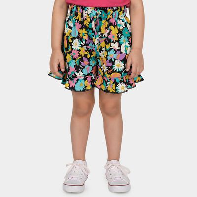Girls' Black Regular Fit Floral Printed Shorts