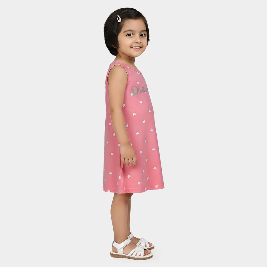 Girls' Pink Heart Printed Sleeveless A-Line Frock, Pink, large