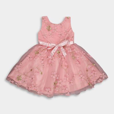 Girls' Soft Pink Floral Embroidered Sleeveless Flared Frock
