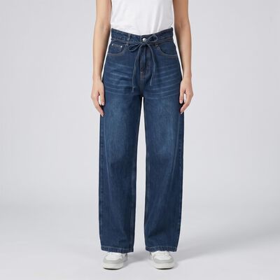 Women's Navy Blue Wide Leg Tie-Up Waist Jeans