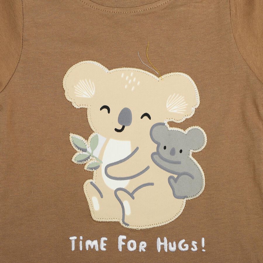 Infants' Beige 100% Cotton Round Neck Printed Baba Suit, गहरा पीला, large