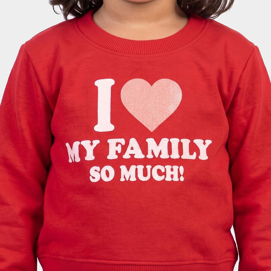Girls' Red Crew Neck Graphic Print Sweatshirt, लाल, large