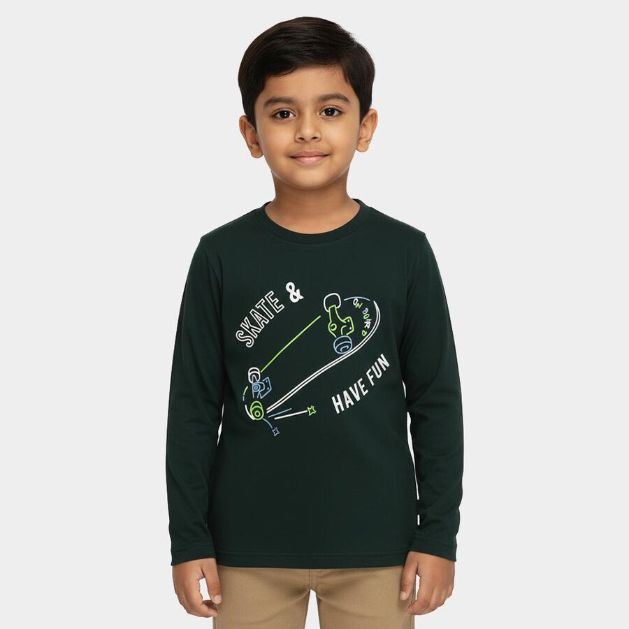 Boys Dark Green Crew Neck Casual T-Shirt, Dark Green, large image number null