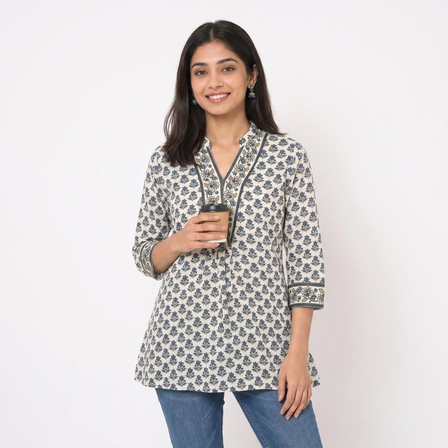 Women's Cream Notch Neck Floral Printed Kurti, Off White, large