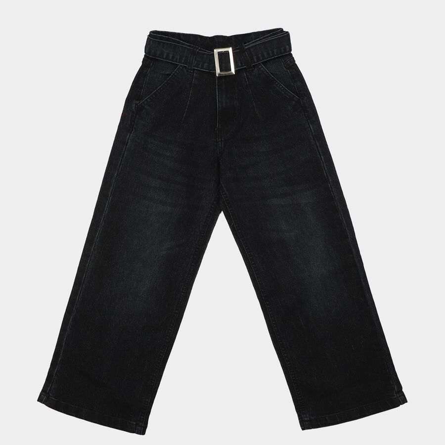Girls Black Wide Leg Belted Jeans, Black, large
