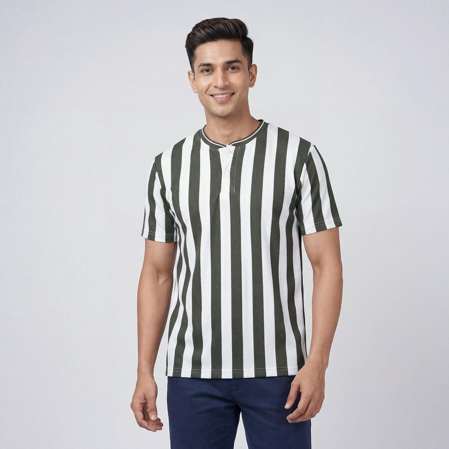 Men's Olive Henley Neck Casual T-Shirt, Olive, large