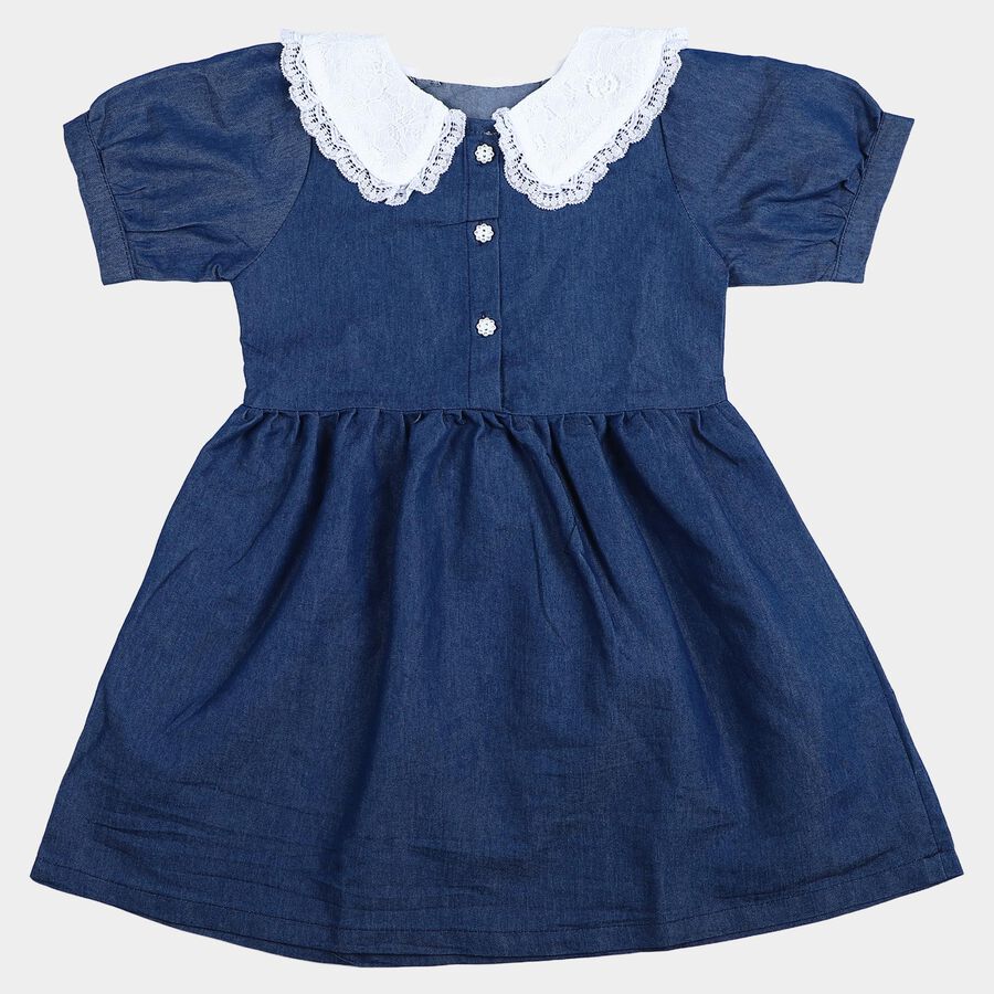 Girls' Blue Fit and Flare Lace Collar Frock, Mid Blue, large