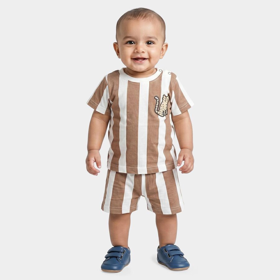 Infants' Beige 100% Cotton Round Neck Striped Baba Suit, Beige, large