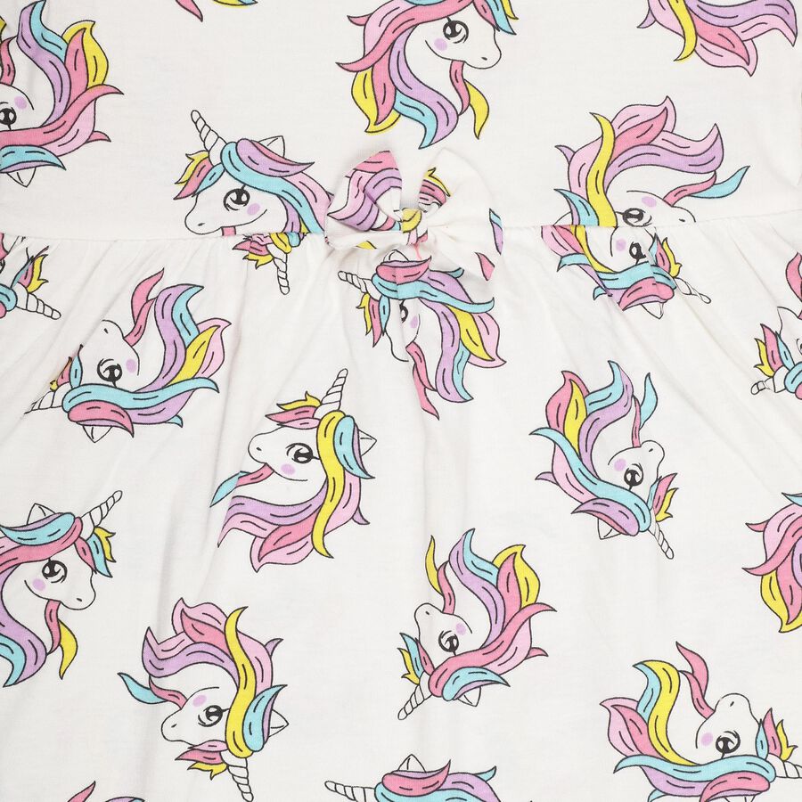 Girls' Bright White Unicorn Printed A-Line Frock, Off White, large image number null
