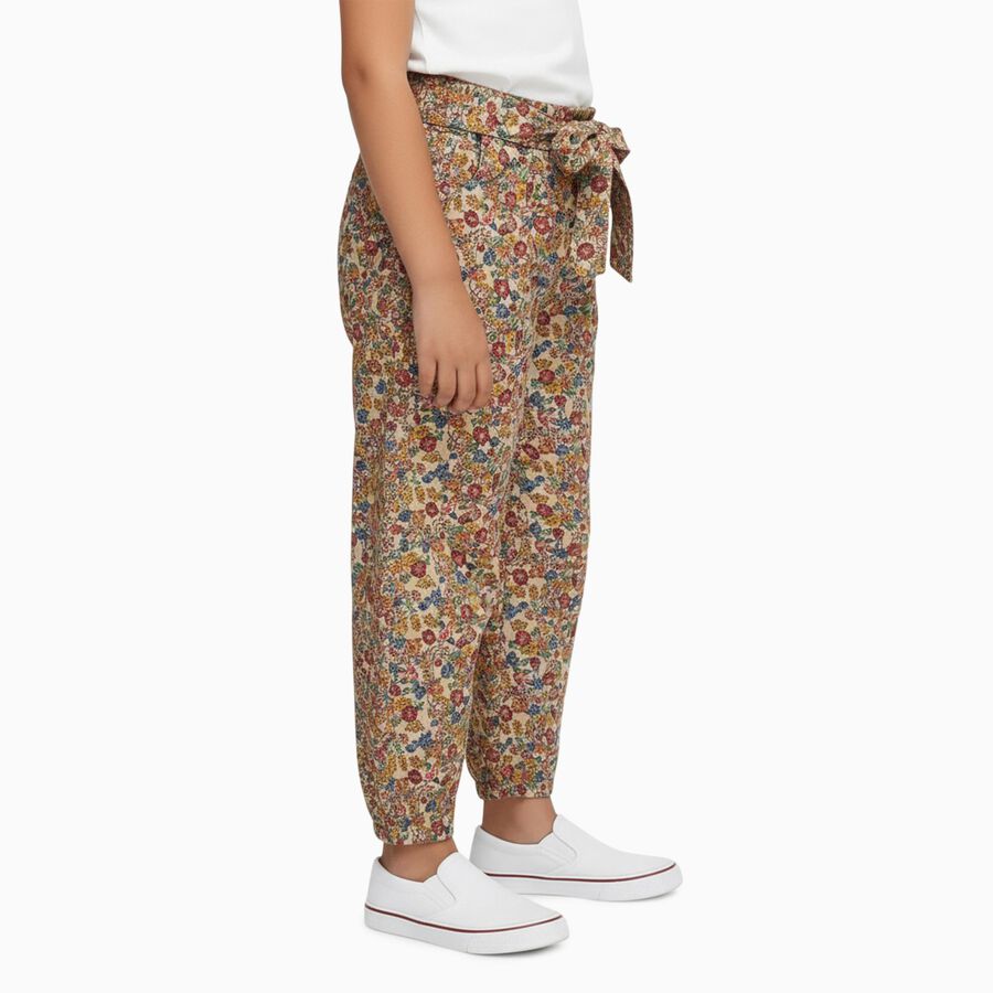 Girls' Multicolor Floral Loose Fit Tie-Waist Trousers, गहरा पीला, large image number null