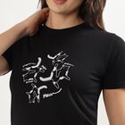 Women's Black Round Neck Graphic Casual T-Shirt, Black, small