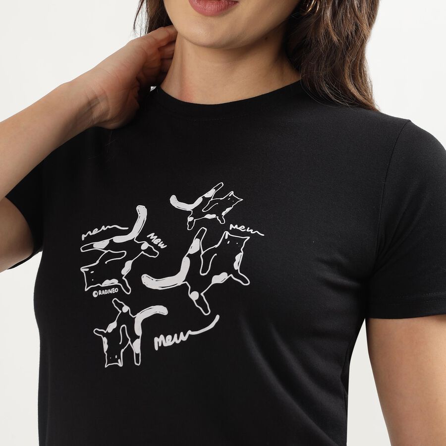 Women's Black Round Neck Graphic Casual T-Shirt, Black, large