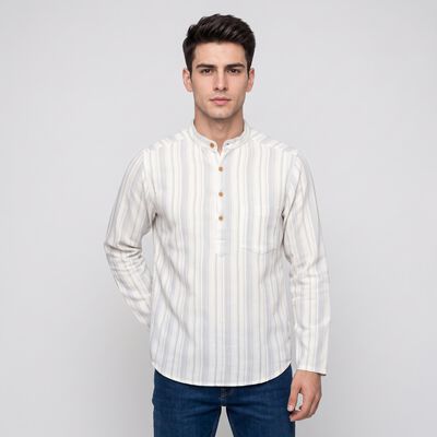 Men's White Mandarin Collar Striped Kurta