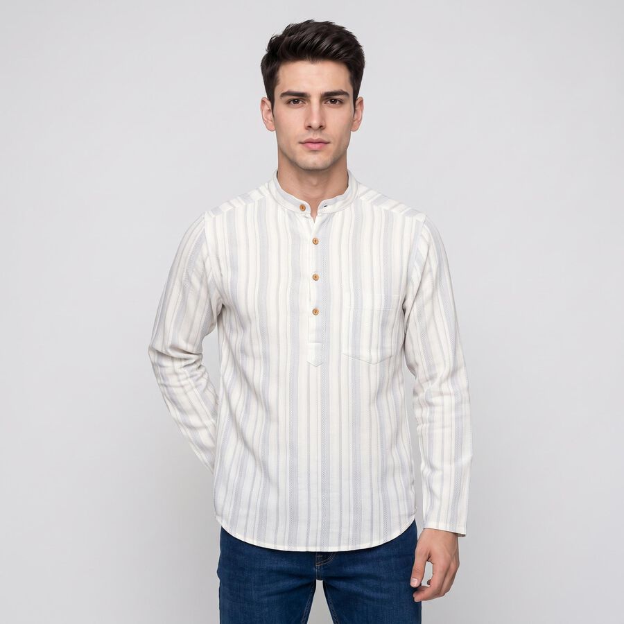 Men's White Mandarin Collar Striped Kurta, सफ़ेद, large